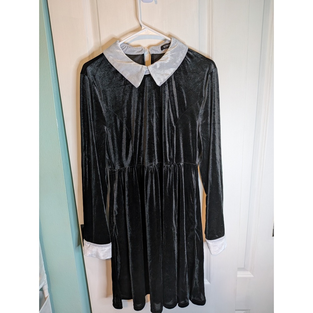 KOJOOIN Black Velvet Peter Pan Collar Dress Long Sleeve Contrast Mini Goth L